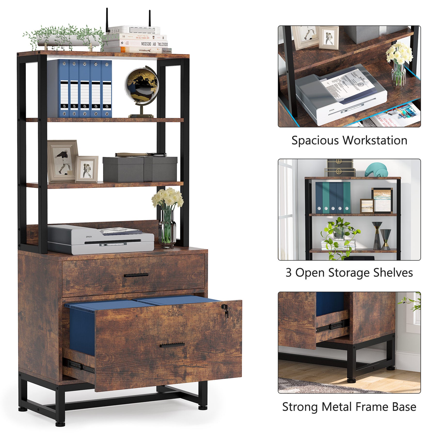 Vertical File Cabinet with 2 Drawers & Bookshelf